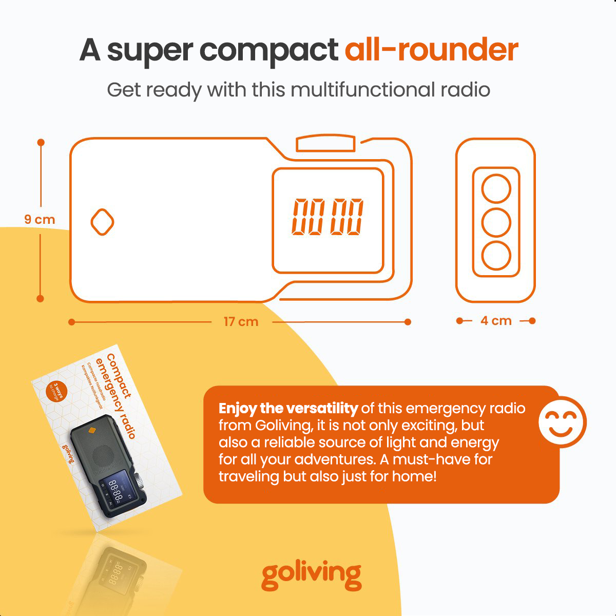 Orange-outlined emergency radio with dimensions and text.