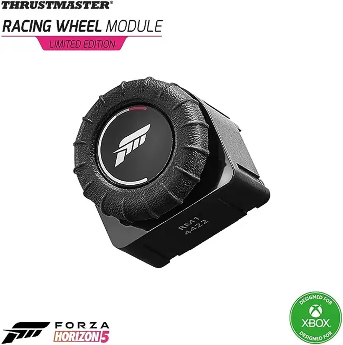 Módulo de volante de carreras negro con el logo de Forza Horizon 5 y agarre texturizado. El producto es negro.