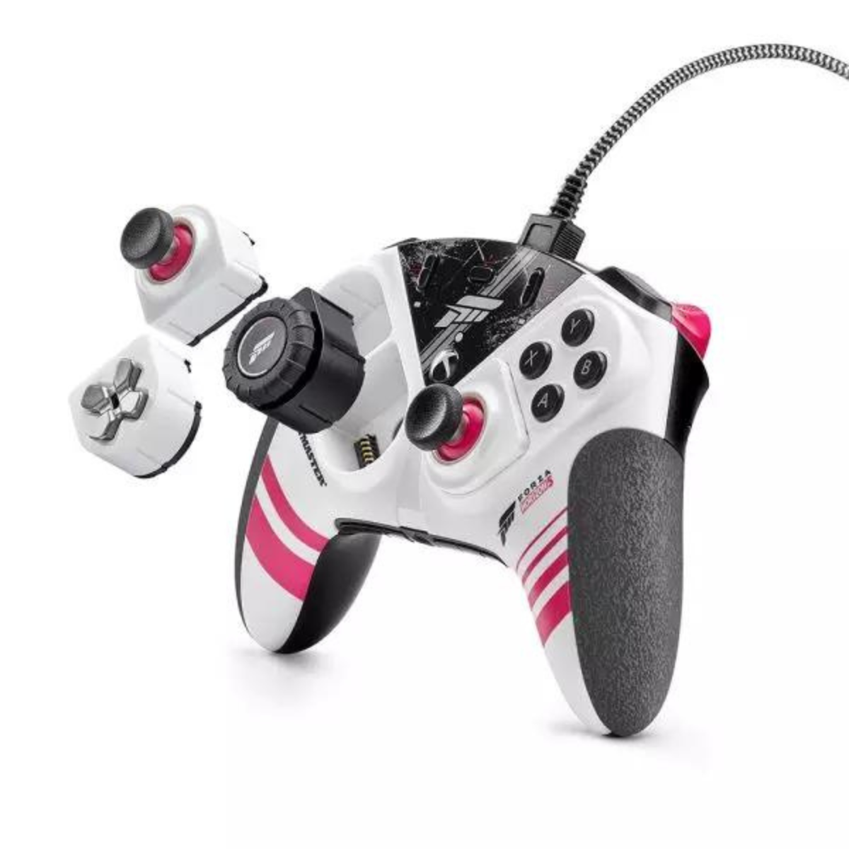 Un mando de juego blanco y negro con detalles en rosa y dos mandos laterales desmontables.