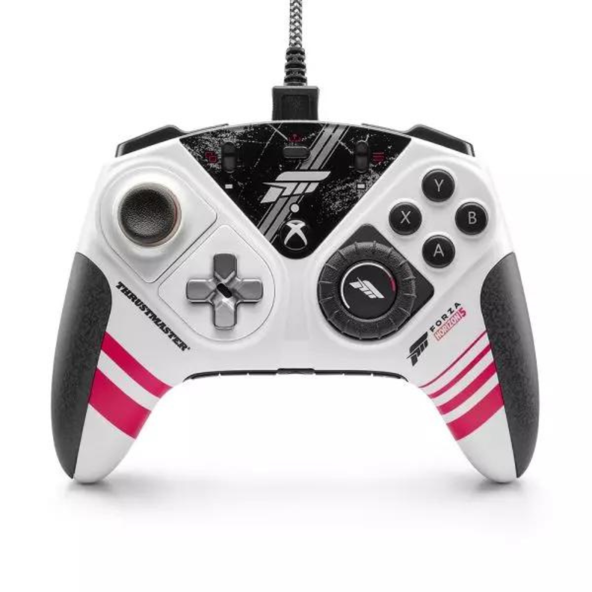 Mando de videojuego blanco y negro con detalles rojos y texto.