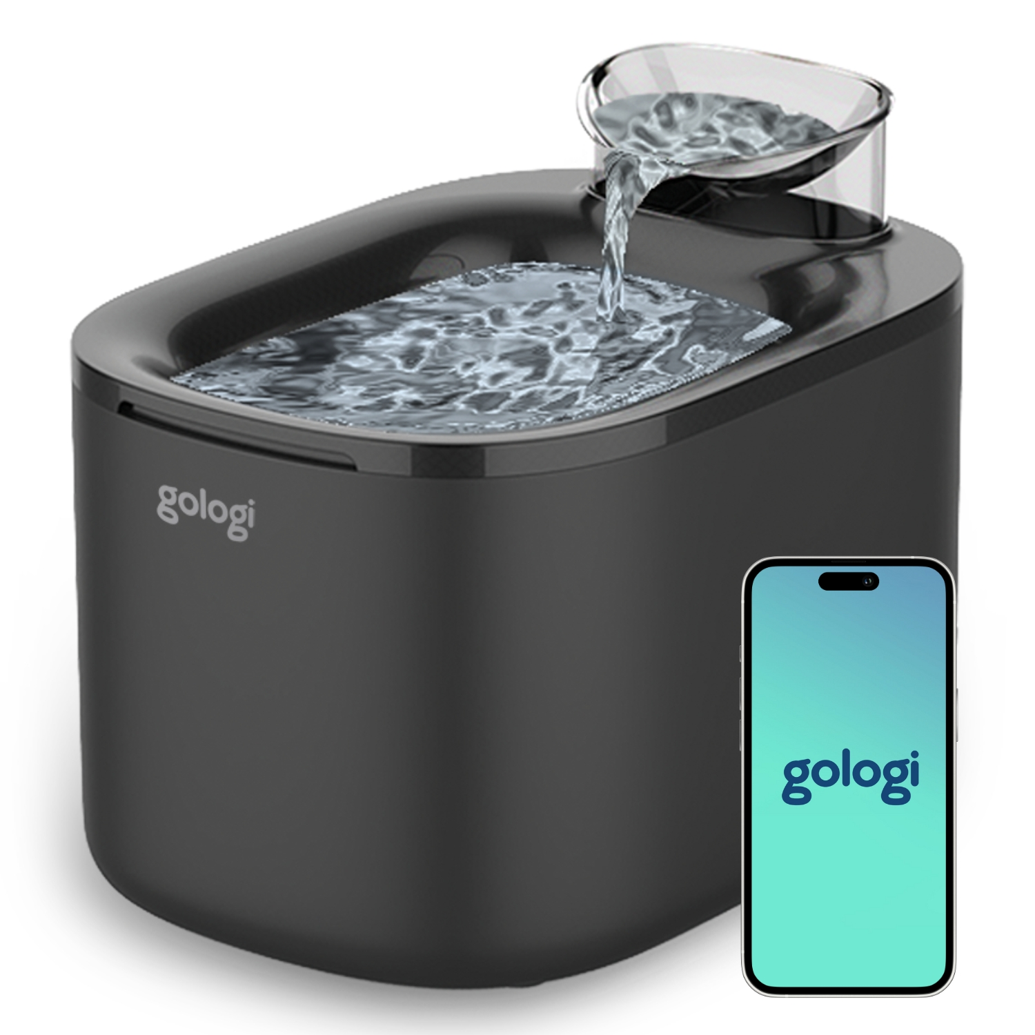 Schwarzer Haustier-Wasserbrunnen mit fließendem Wasser und einem Telefon. Weißer Hintergrund.