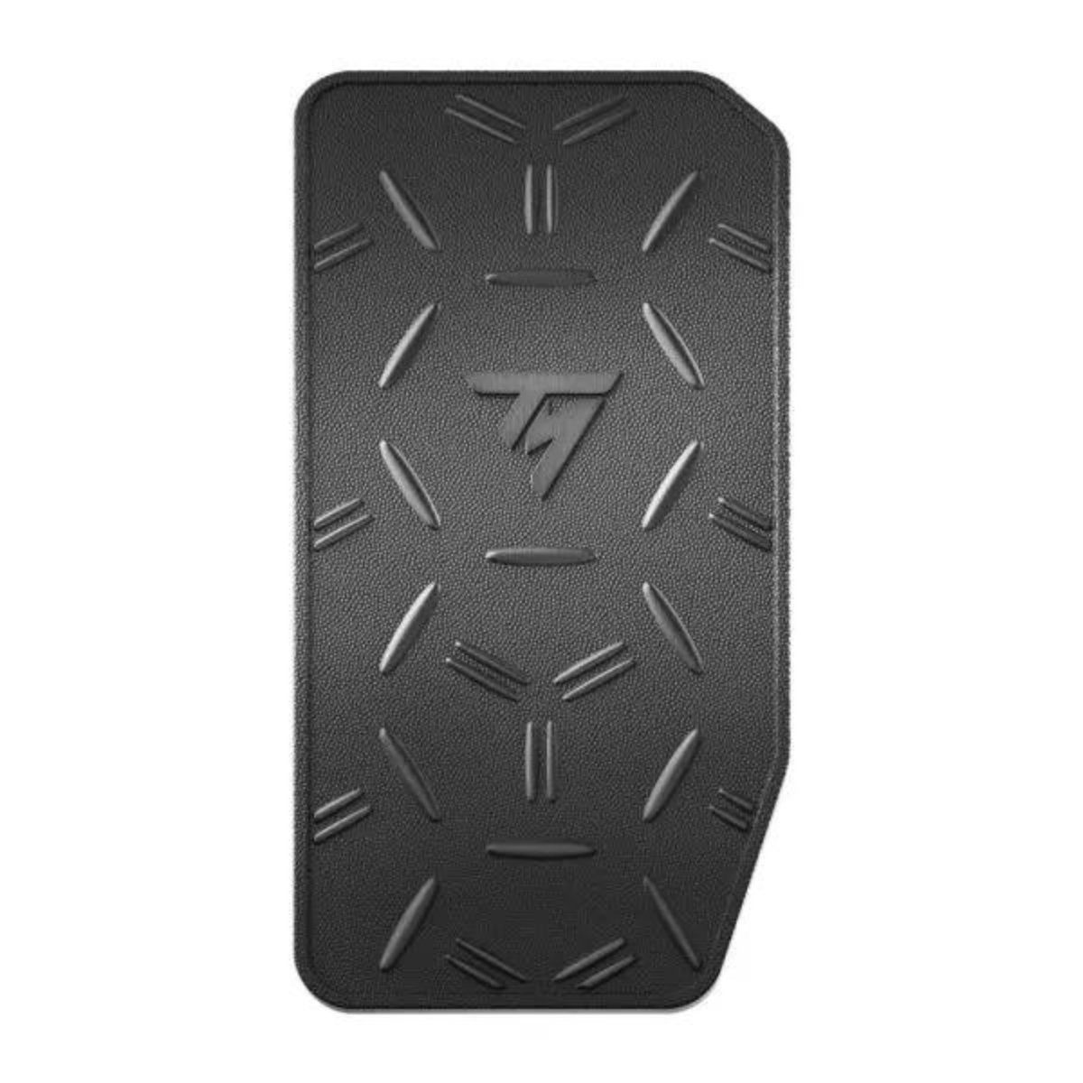 Un pedal negro con superficie texturizada y un logotipo, visto desde arriba.
