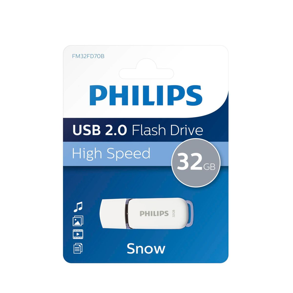 Biały pendrive USB w opakowaniu marki Philips.