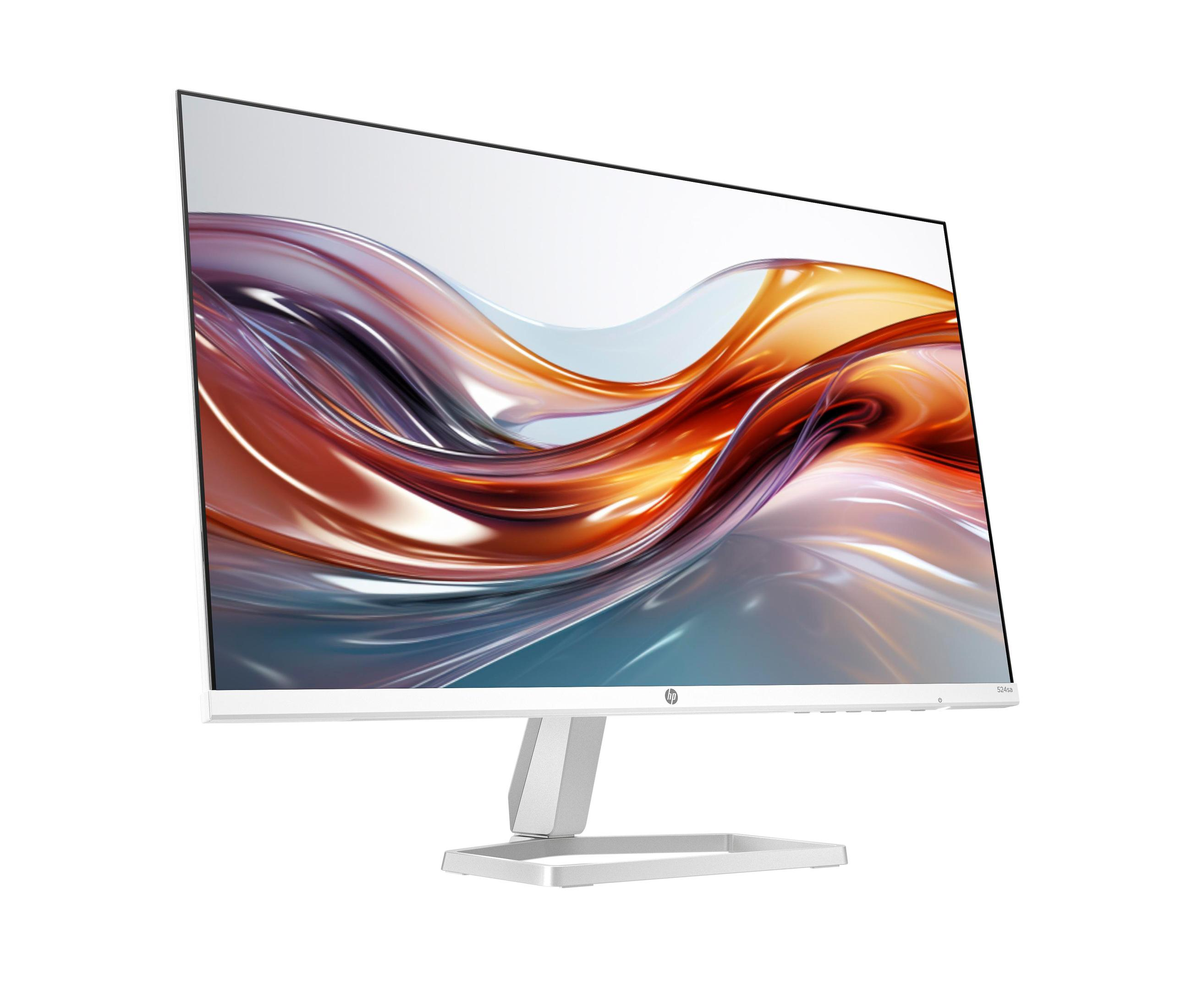 Un monitor de ordenador blanco con pantalla curva que muestra un diseño abstracto naranja y blanco.