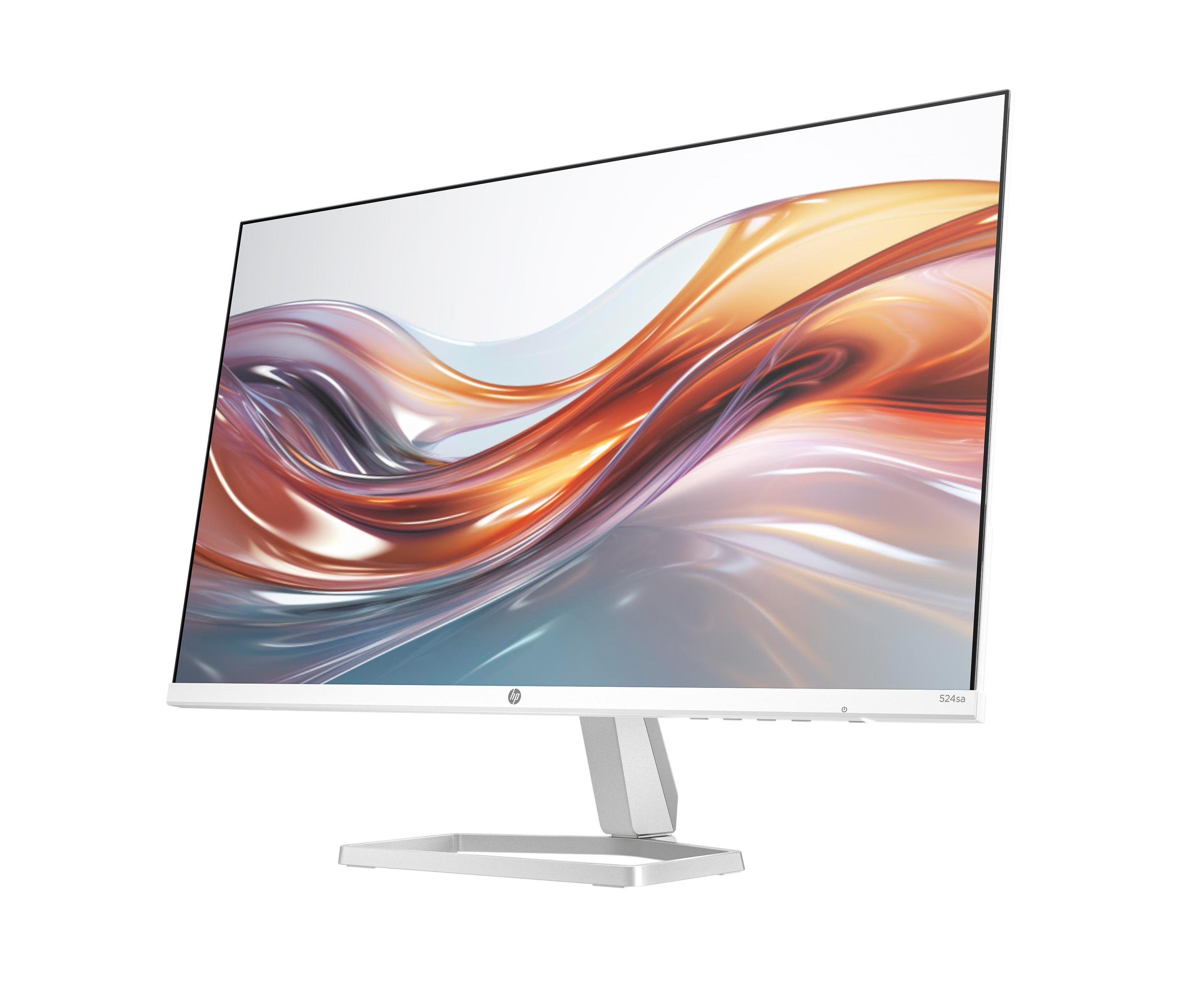 Monitor de computadora blanco con soporte. Imagen abstracta colorida en la pantalla.