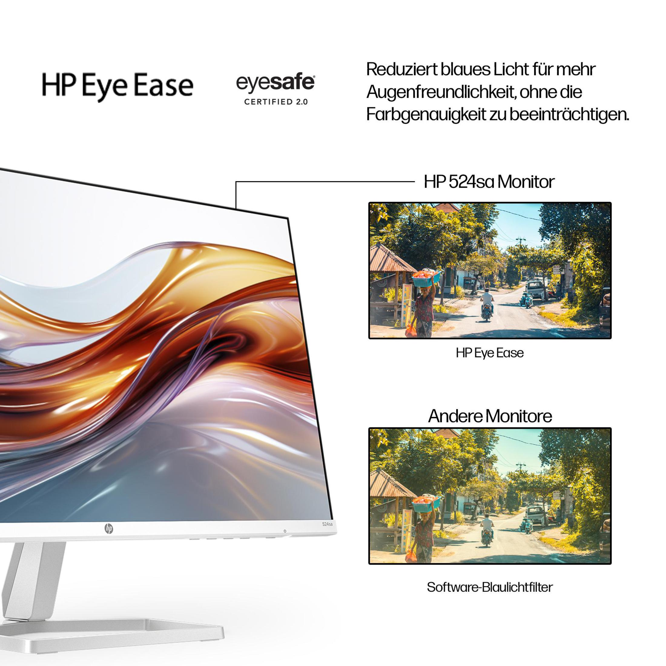 Un monitor HP con texto e imágenes que lo comparan con otros monitores, mostrando la reducción de luz azul.