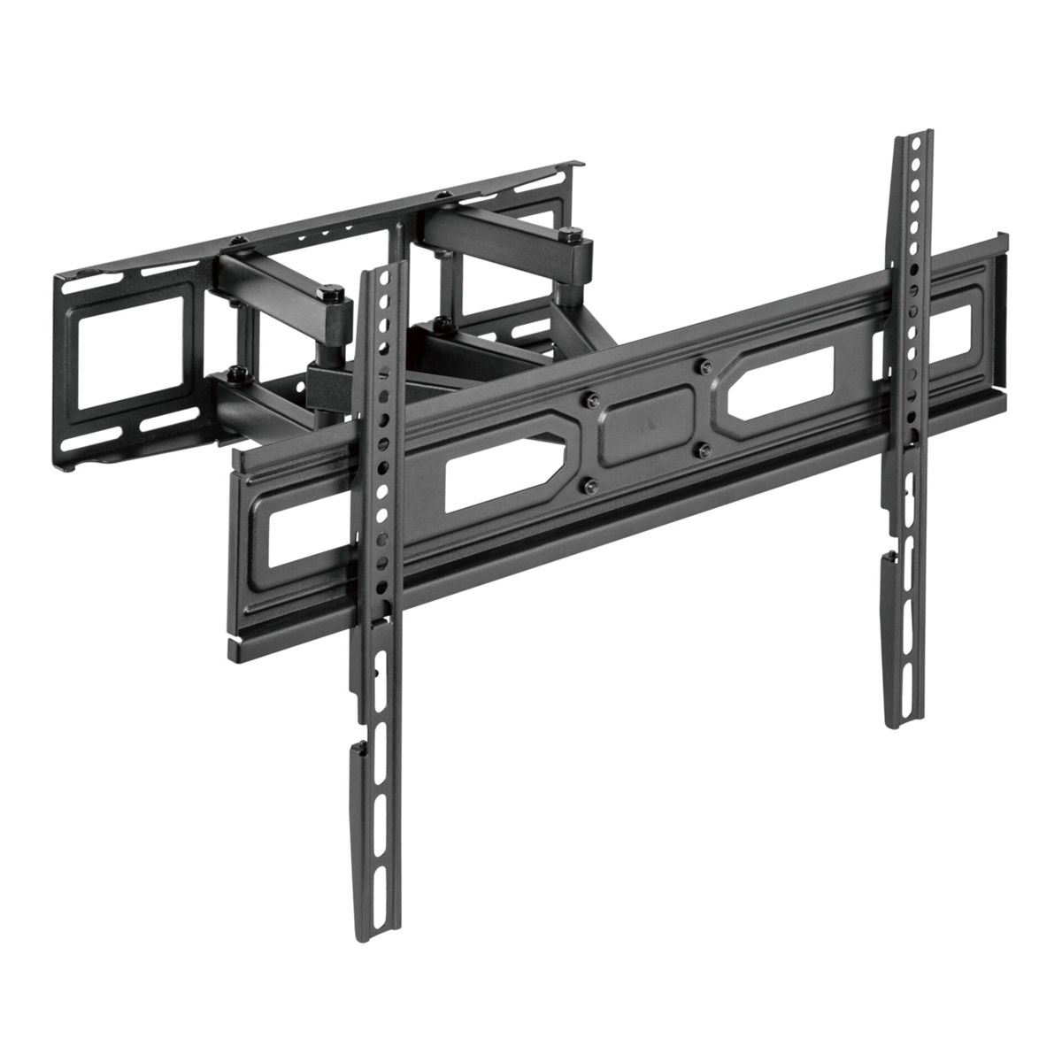 Supporto a parete per TV nero, con bracci regolabili e staffe di montaggio, pronto per l'installazione. Isolato su bianco.