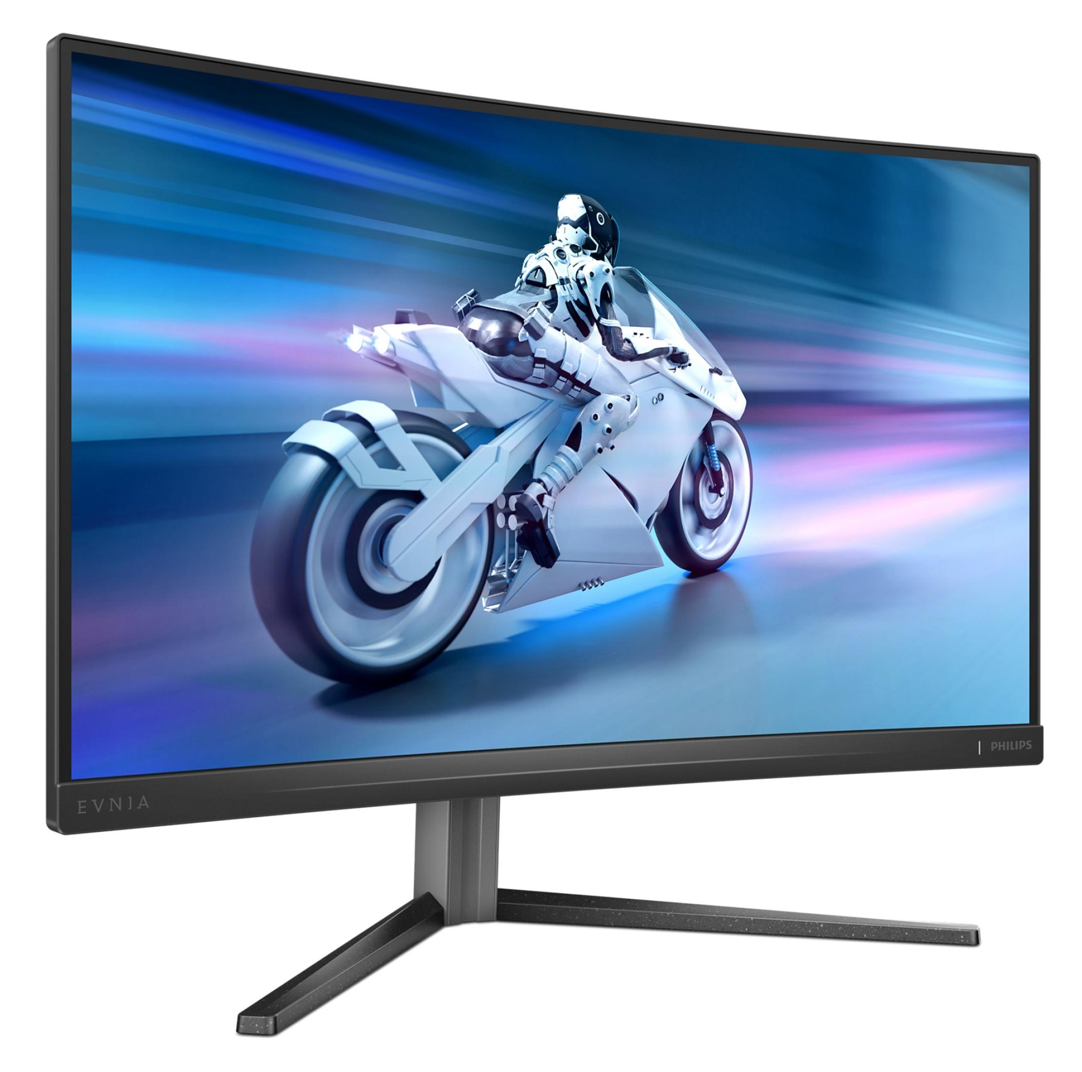 Zakrzywiony monitor komputera wyświetlający futurystyczny motocykl z kierowcą.