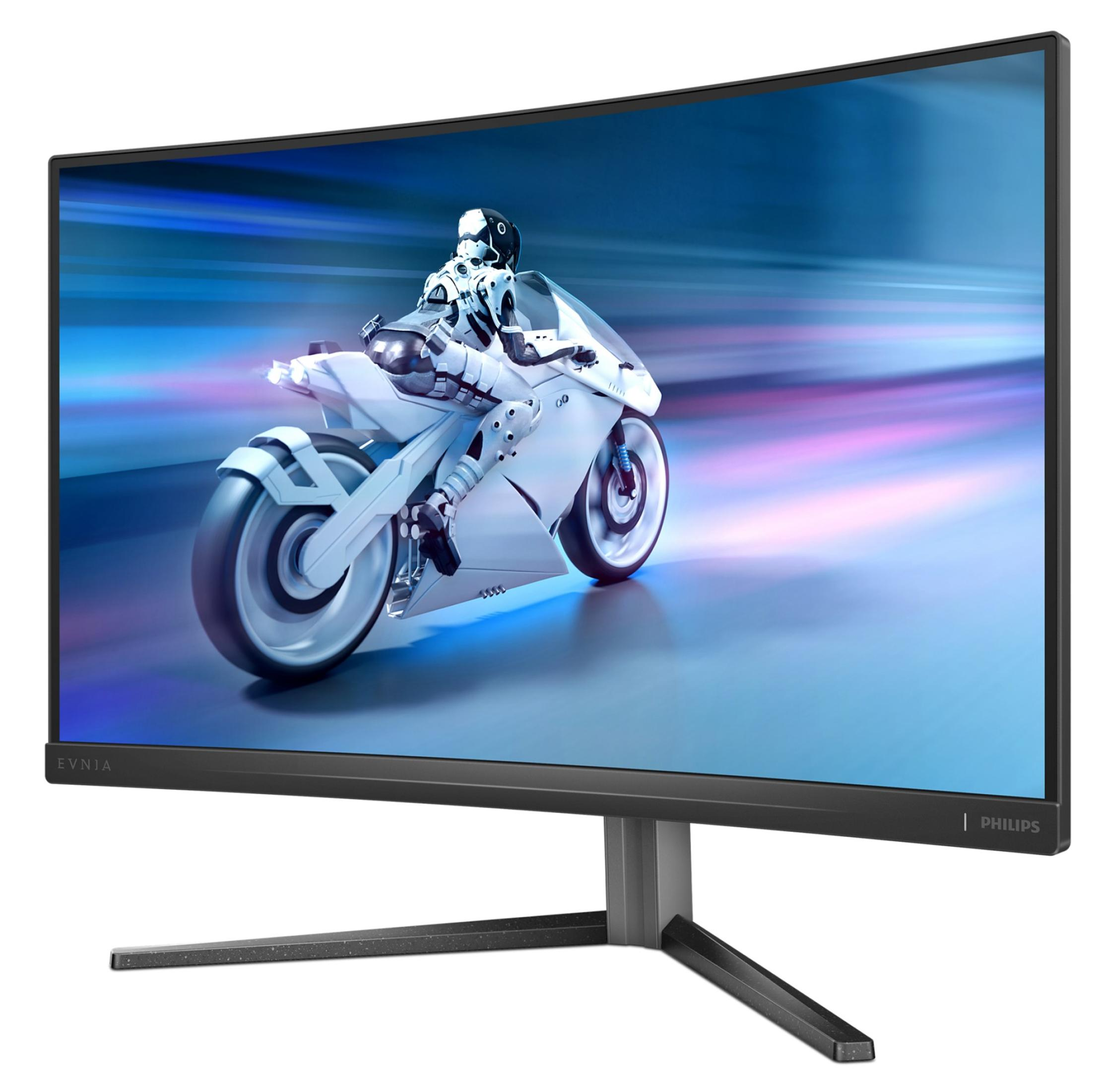 Zakrzywiony monitor komputera wyświetlający futurystyczną scenę motocykla i kierowcy.