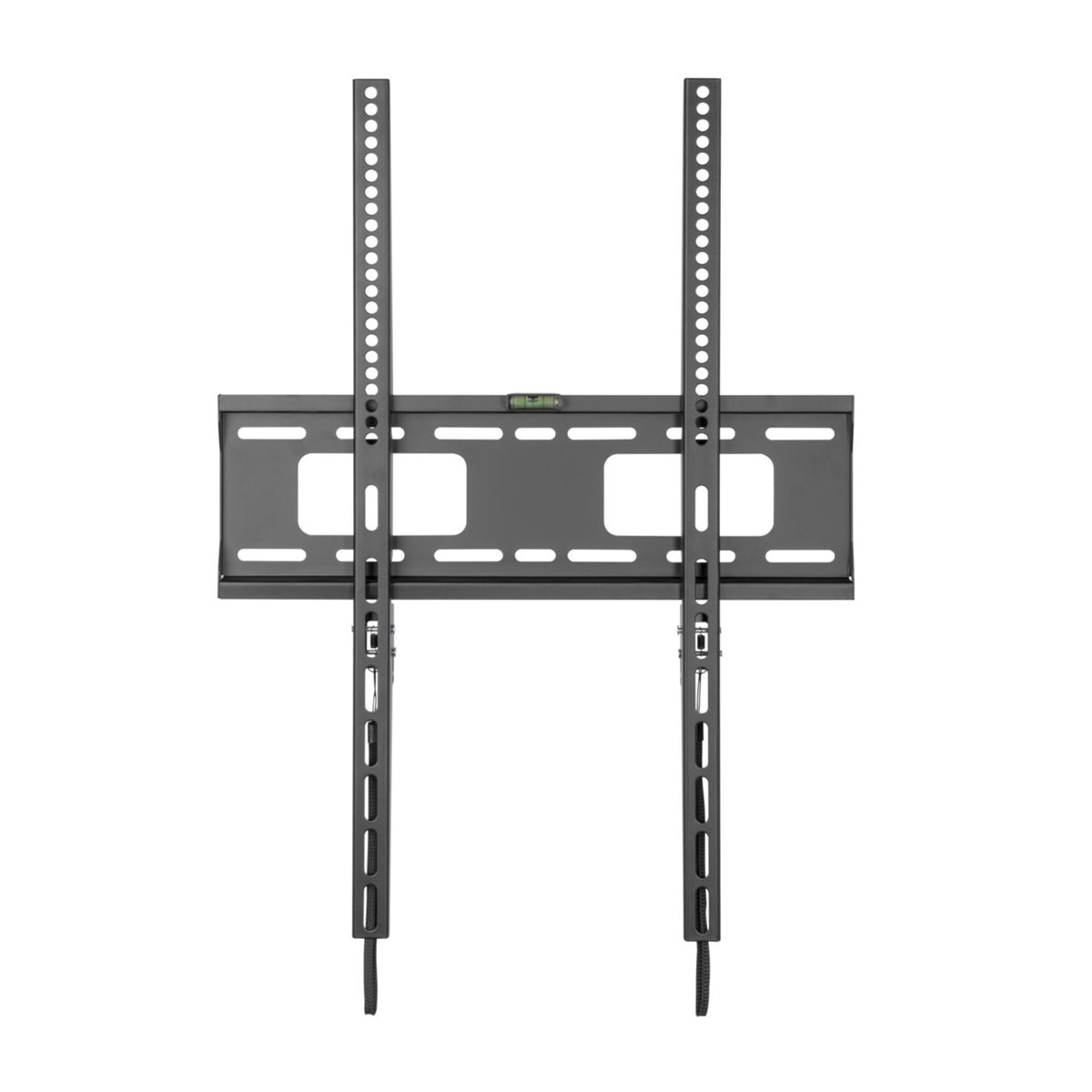 Supporto TV nero. Due guide verticali con fori, barra orizzontale, livello. Sfondo bianco.