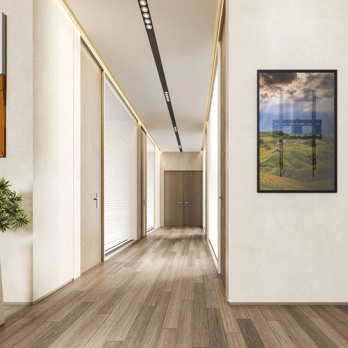 Un corridoio con pavimenti in legno e una cornice con un paesaggio colorato.