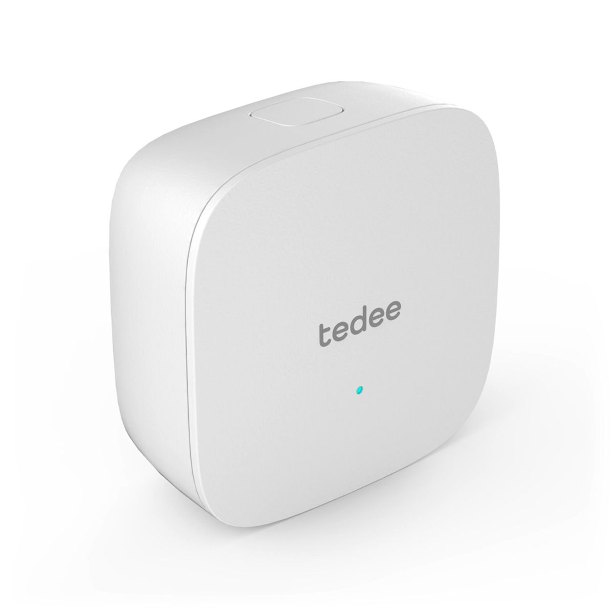 Weißer 'tedee' Smart-Home-Hub. Kleines, weißes, rechteckiges Gerät auf weißem Hintergrund.