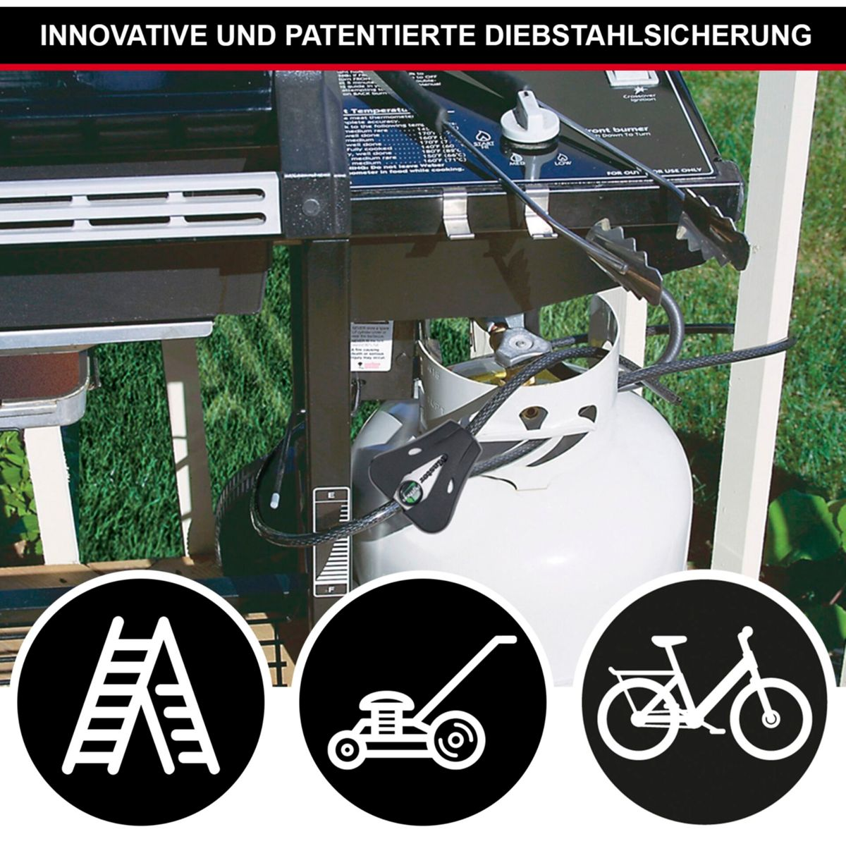 Schwarzer Grill mit Propantank und Sicherungskabel. Icons von Leiter, Rasenmäher und Fahrrad.
