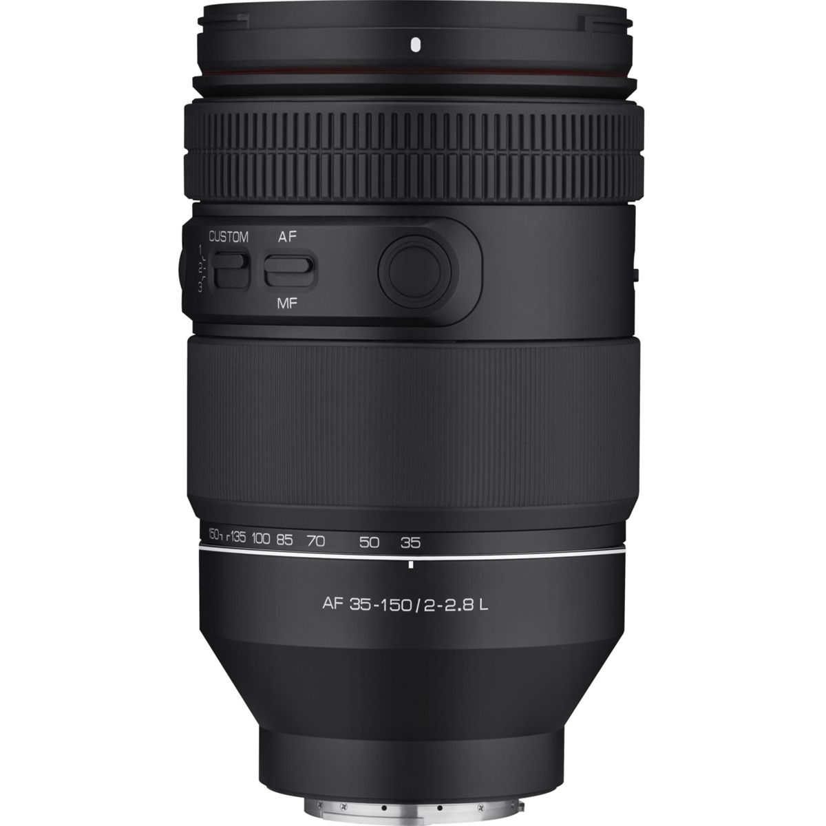 Schwarzes Kameraobjektiv mit Brennweitenmarkierungen, Aufschrift AF 35-150/2-2.8 L.