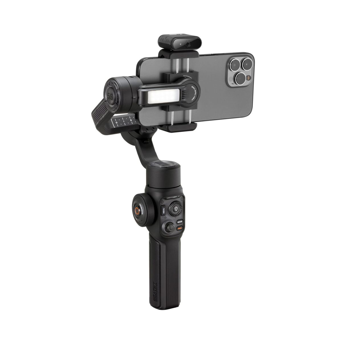 Schwarzes Gimbal mit Smartphone, Licht und Mikrofon, auf weißem Hintergrund.
