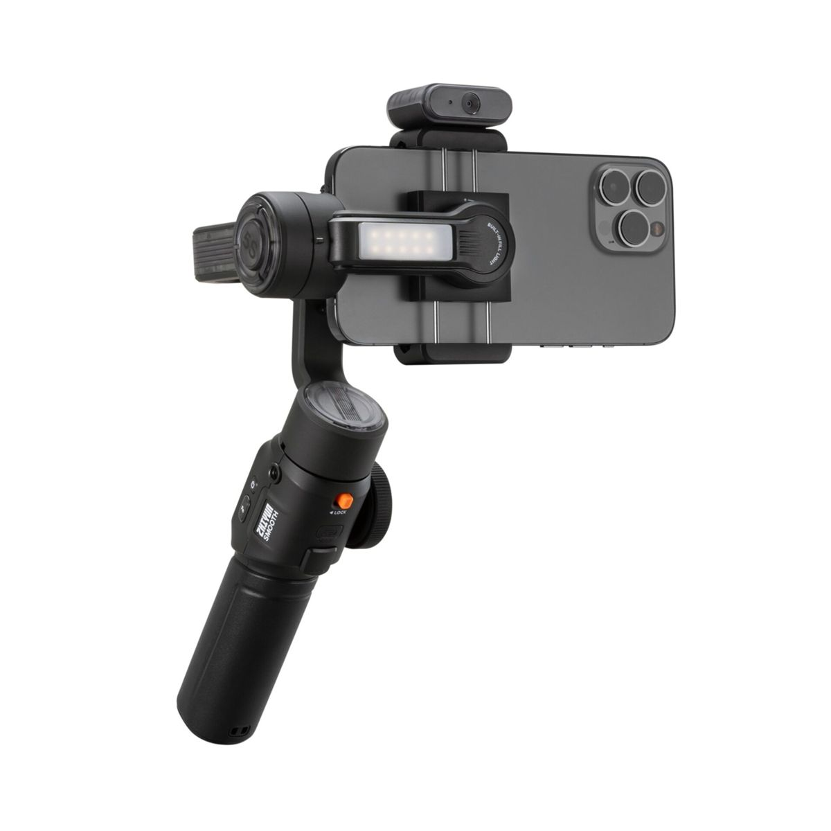 Ein Telefon mit Gimbal, kleinem Licht und Mikrofon. Das Telefon ist schwarz.