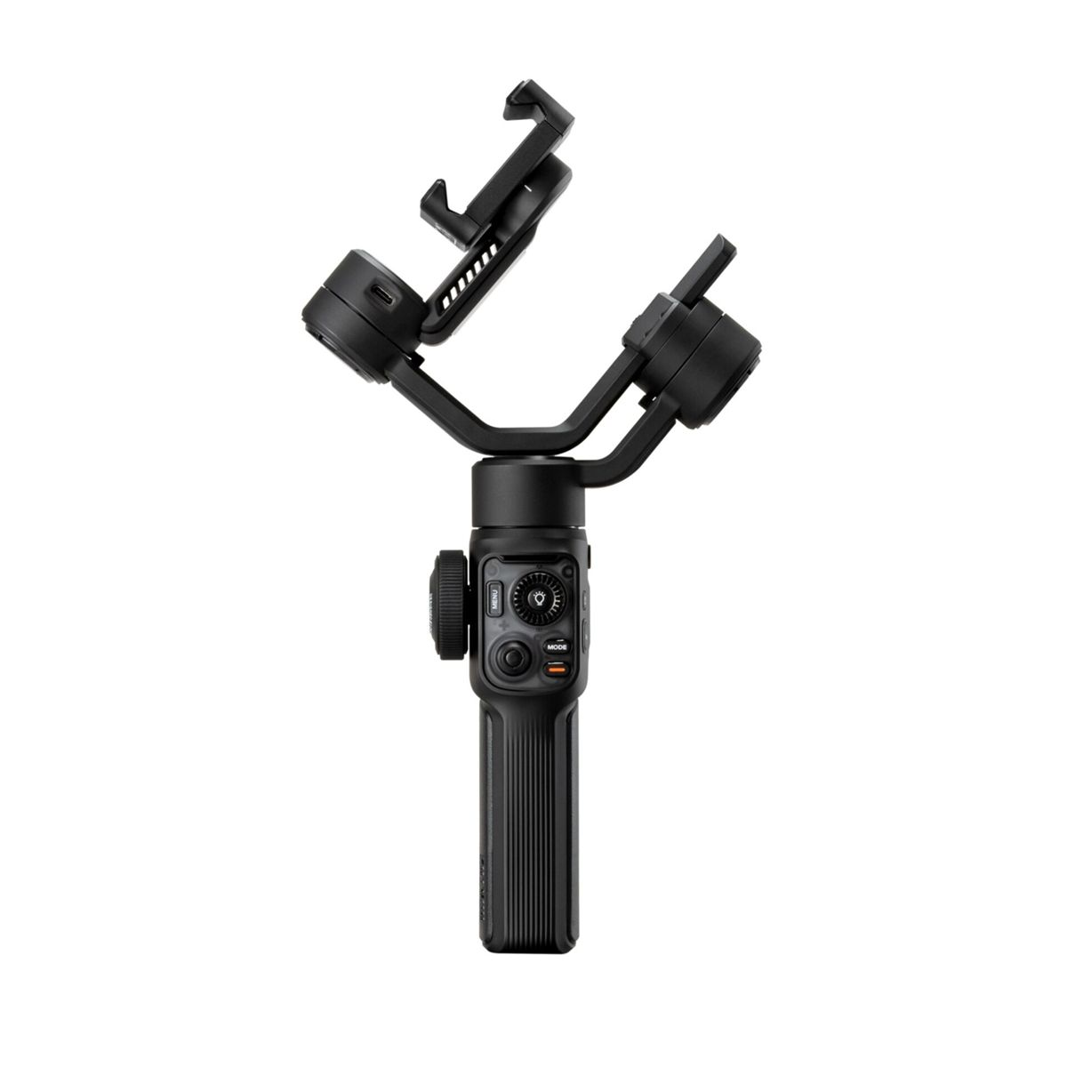 Schwarzer Gimbal-Stabilisator. Telefonhalter oben, Bedienelemente am Griff. Isoliert auf weißem Hintergrund.