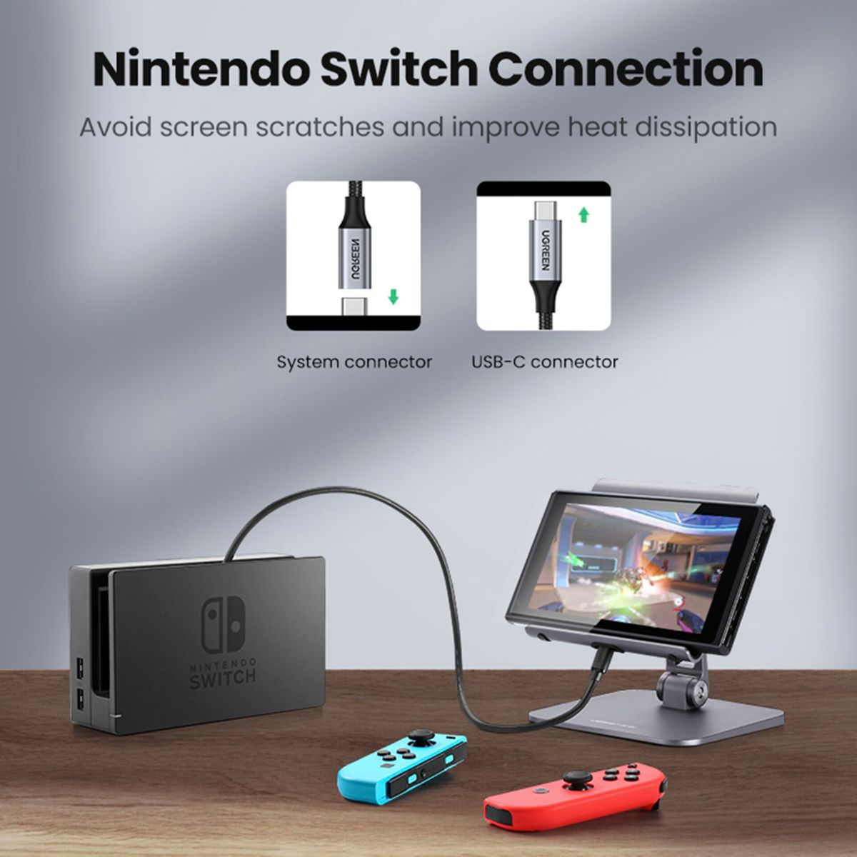 Eine Nintendo Switch-Konsole, die mit einer Dockingstation und einem Bildschirm verbunden ist. Zwei Controller sind vorhanden.