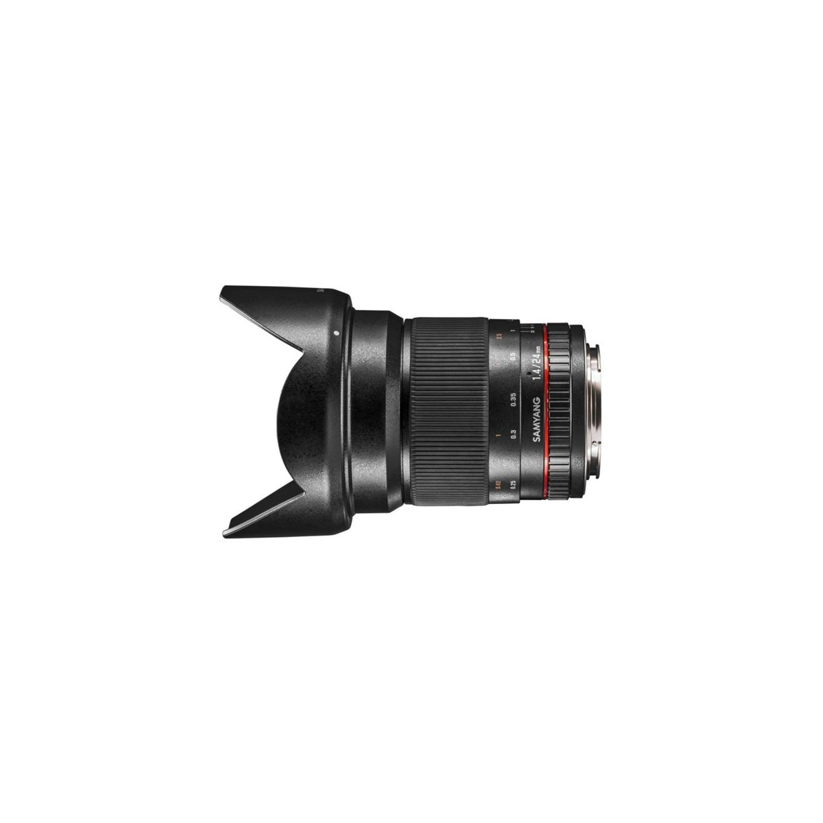 Obiettivo fotocamera nero con paraluce, su sfondo bianco, vista angolata.