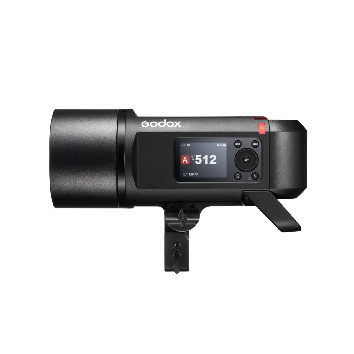 Black Godox flash with display, buttons, and mounting bracket, isolated on white background.