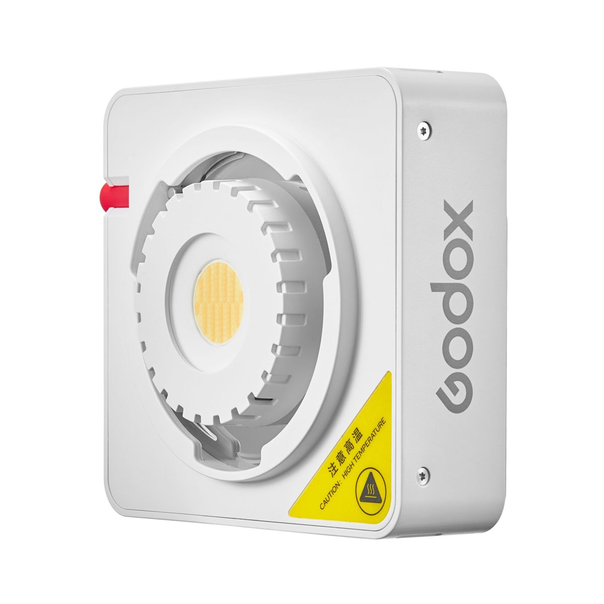 Weißes Godox LED-Licht, mit rotem Knopf, auf weißem Hintergrund.
