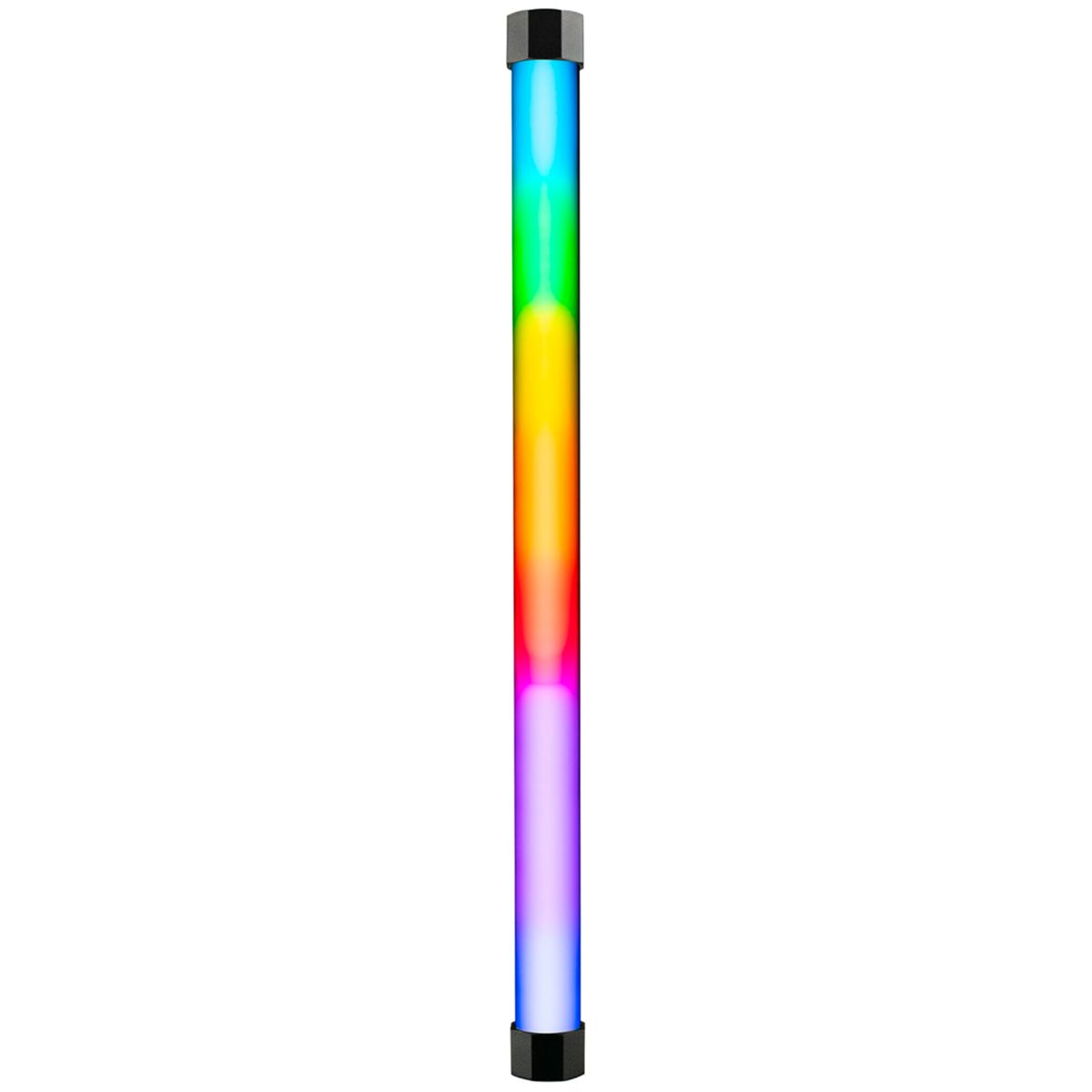 Eine vertikale Leuchtröhre mit Farben. Die Farben sind grün, gelb, rot und lila.