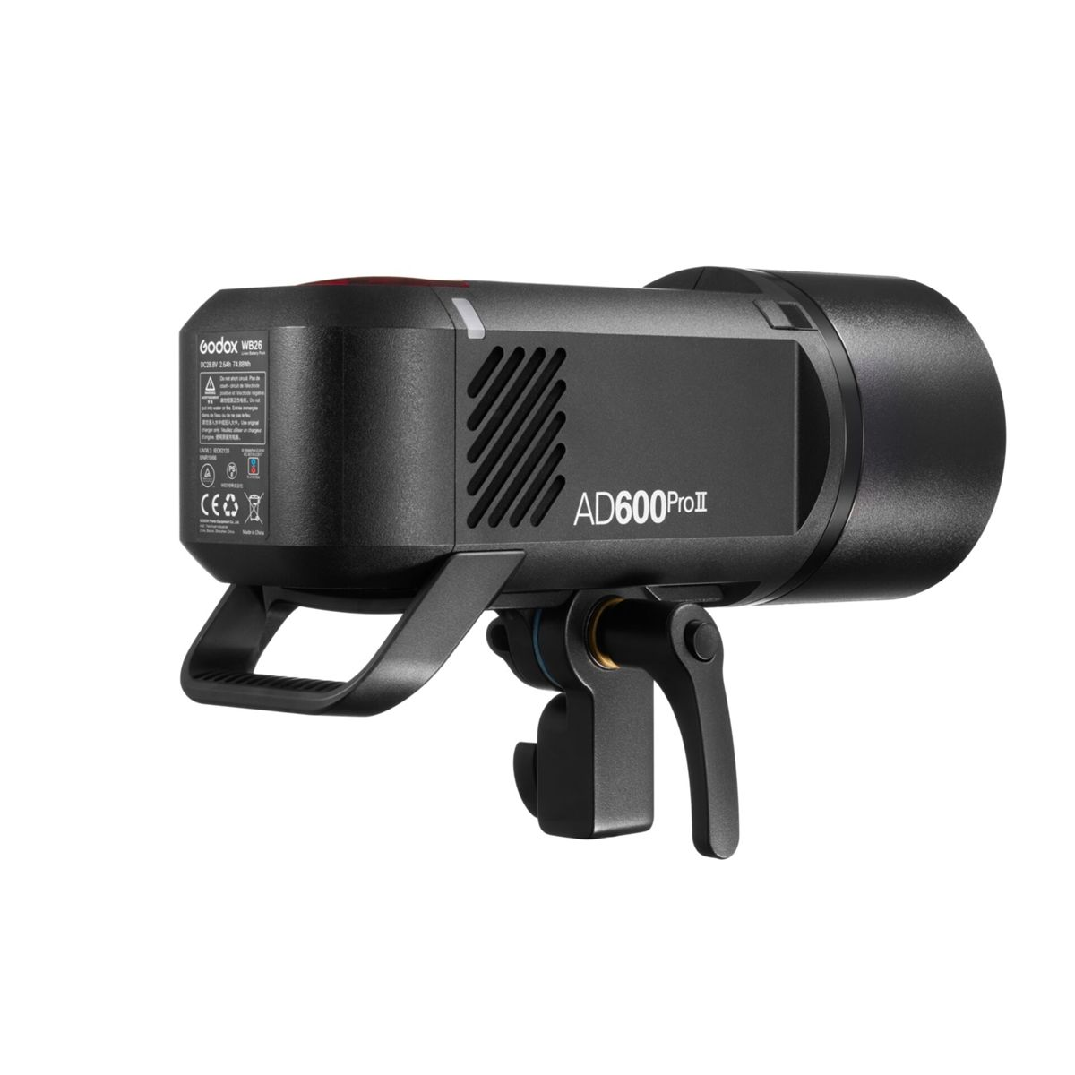 A black studio flash with a handle and a stand mount on a white background.