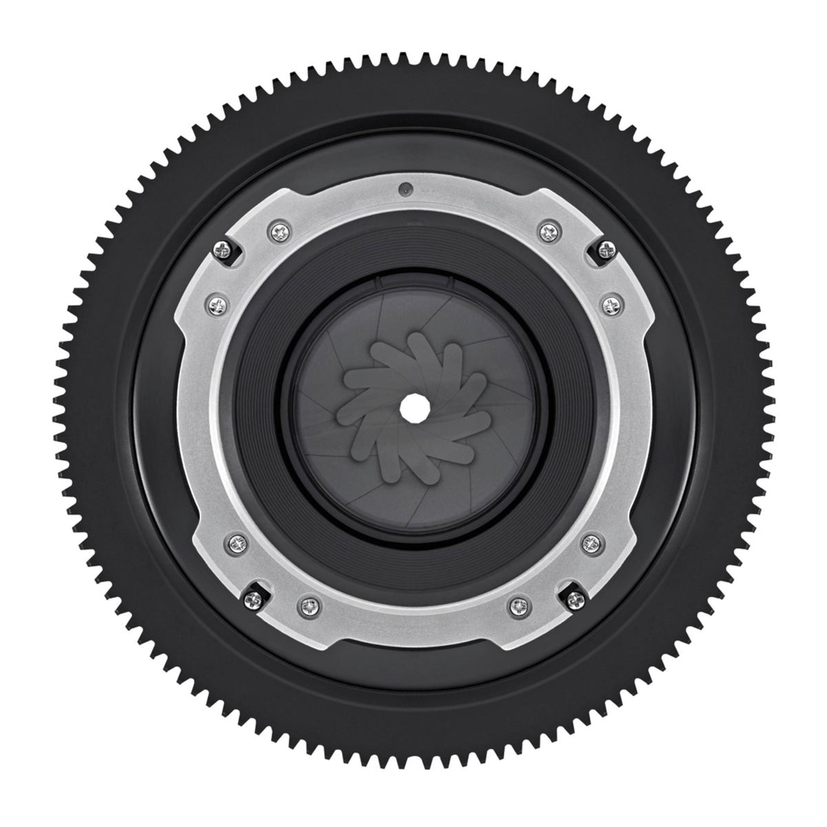 Czarny bieg z przysłoną obiektywu. Listki przysłony są widoczne w środku.