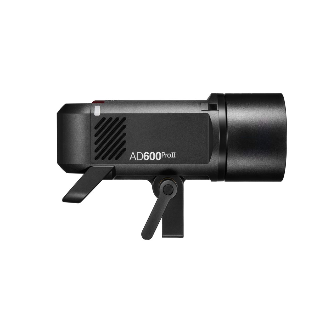 Black AD600ProII strobe. It has black body, silver vent, and adjustable bracket.