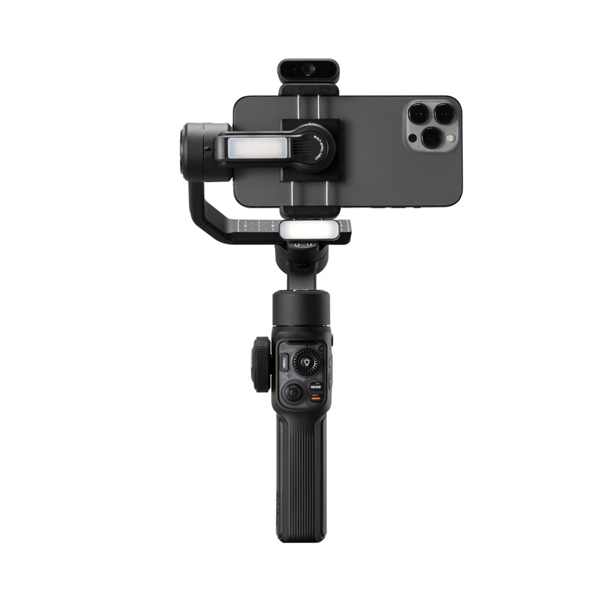 Schwarzer Gimbal-Stabilisator, der ein Telefon hält. Mit Licht und Steuertasten.