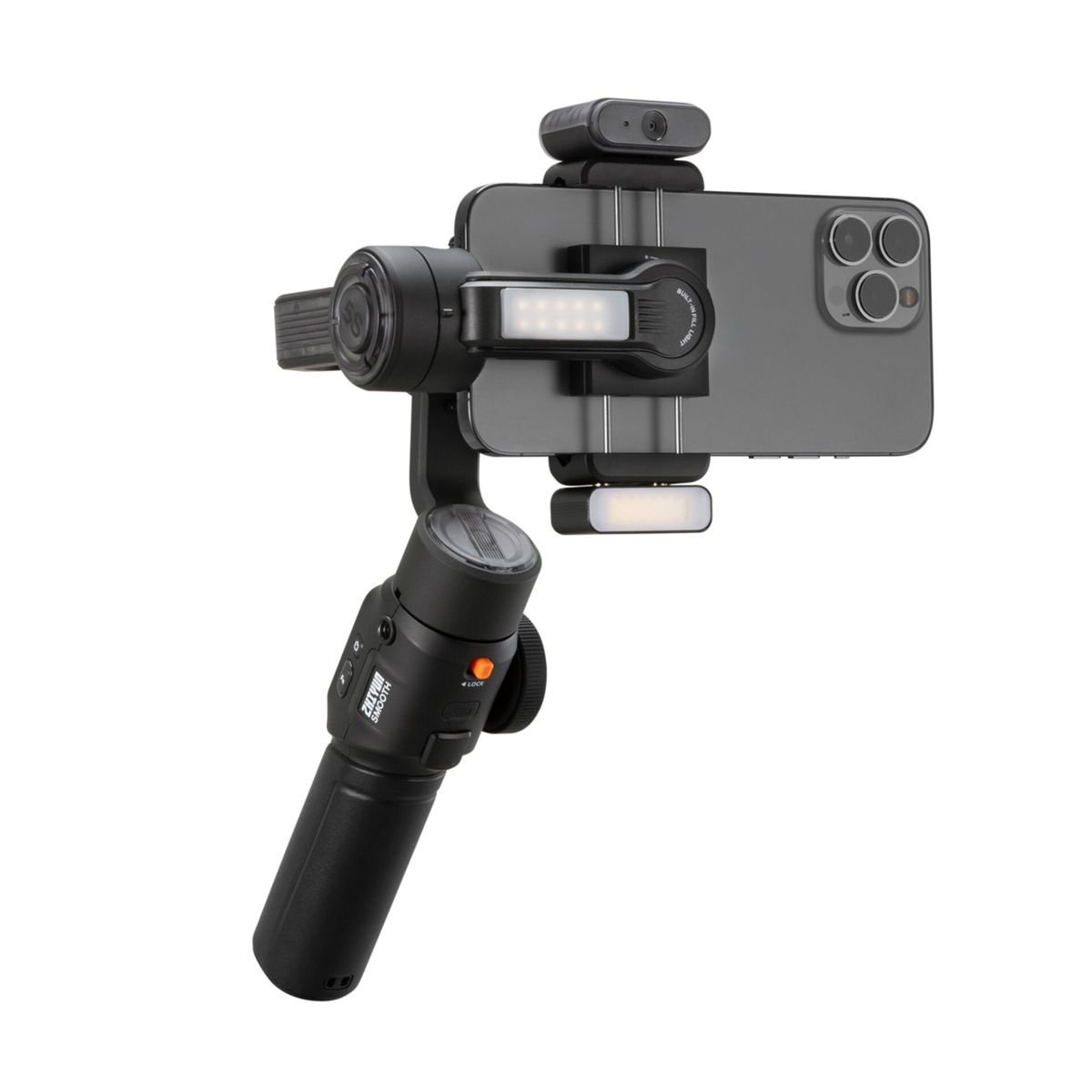 Schwarzes Gimbal mit befestigtem Telefon, Lichtern und Mikrofon. Weißer Hintergrund.