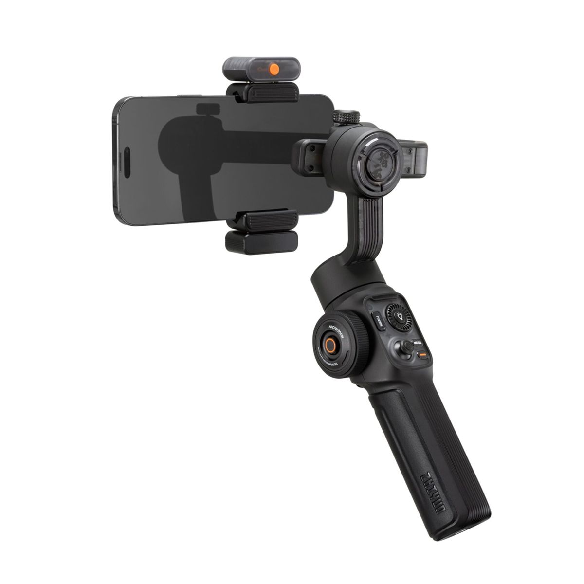 Ein schwarzer Smartphone-Stabilisator mit befestigtem Telefon. Es hat Knöpfe und einen Griff.
