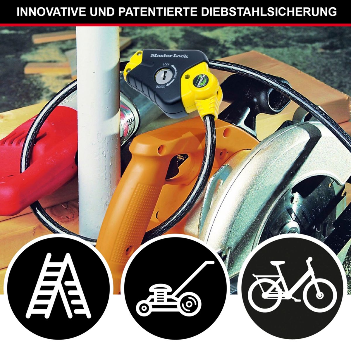 Ein Master Lock Kabelschloss sichert Werkzeuge, mit Symbolen von Leiter, Rasenmäher und Fahrrad.
