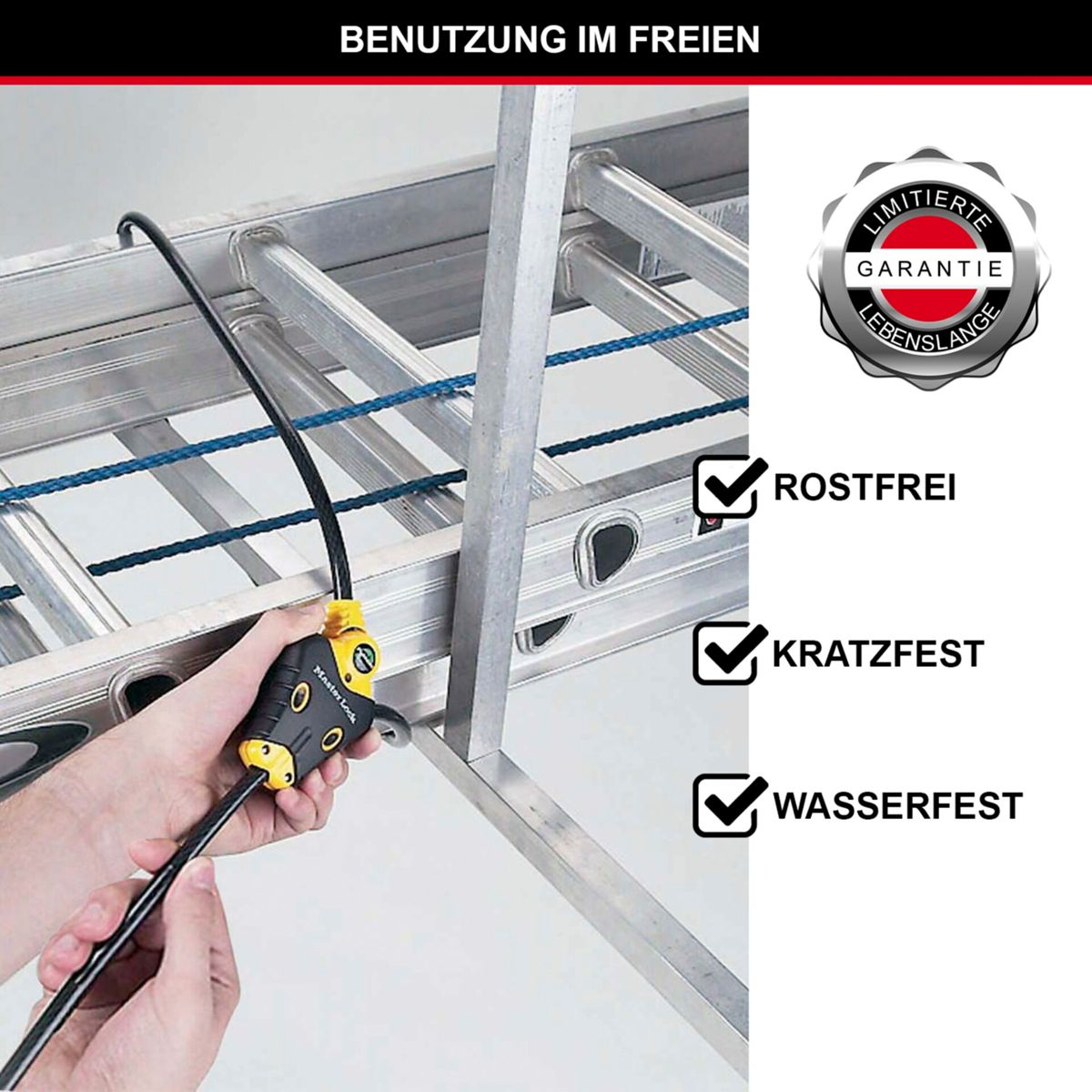 Leiter mit Sicherheitskabel und Häkchen für Eigenschaften: rostfrei, kratzfest und wasserdicht.