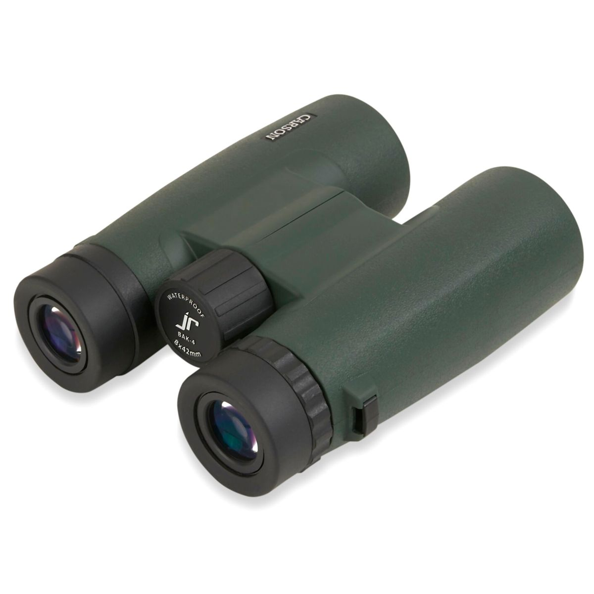 Ciemnozielona lornetka z czarnymi detalami i centralnym pokrętłem ostrości.