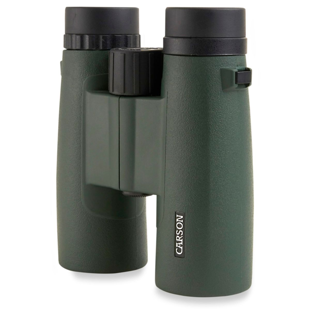 Para zielonych lornetek z czarnymi akcentami i etykietą Carson.