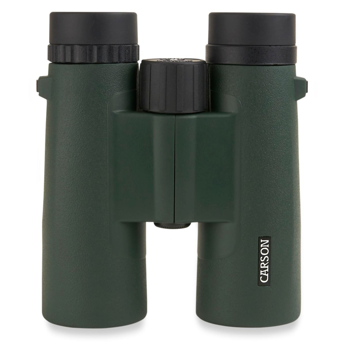 Ciemnozielona lornetka z czarnymi końcami i czarnym pokrętłem regulacji.
