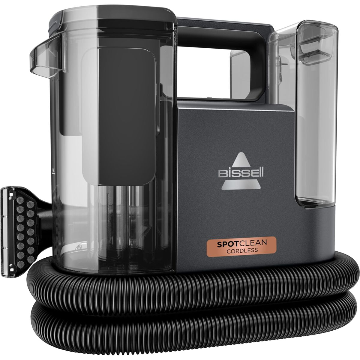 Czarny i szary Bissell SpotClean Cordless z uchwytem i wężem.