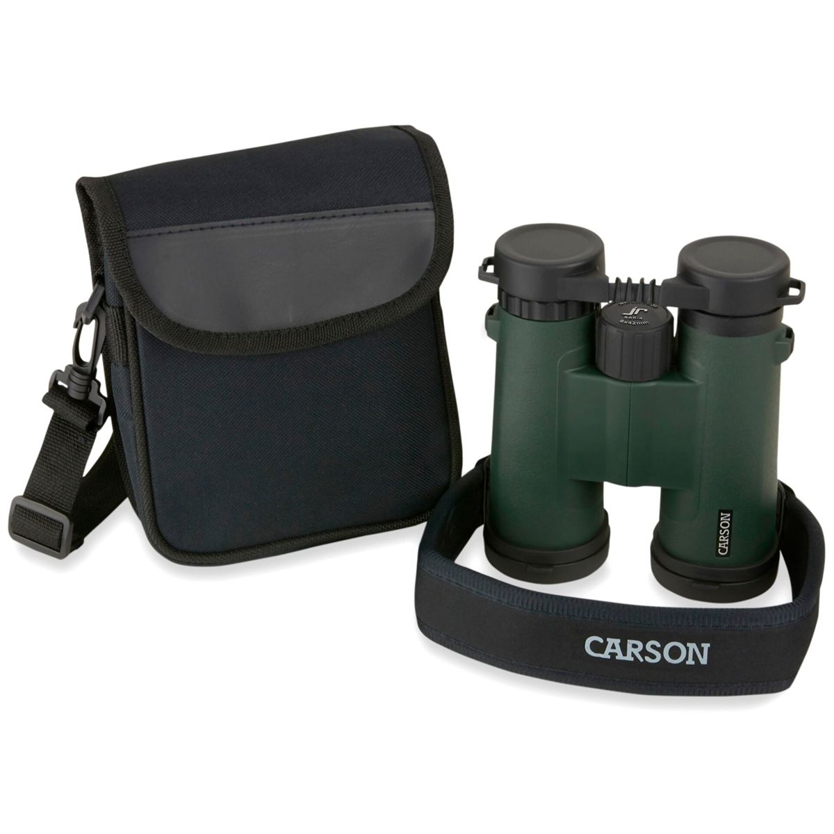 Zielona lornetka z czarnym etui i paskiem. Etui ma czarną pokrywę.