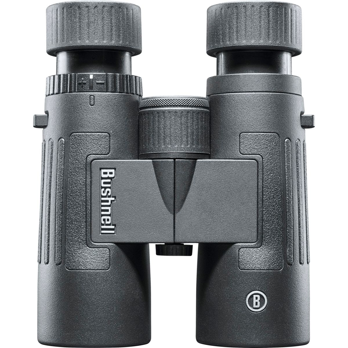 Binocolo nero con logo Bushnell. Ha due lenti e manopole di regolazione. Lo sfondo è bianco.