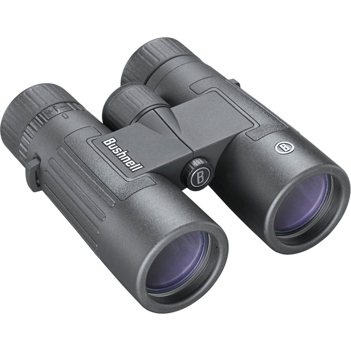 Binocolo Bushnell nero. Il binocolo è su sfondo bianco. Il marchio è Bushnell.