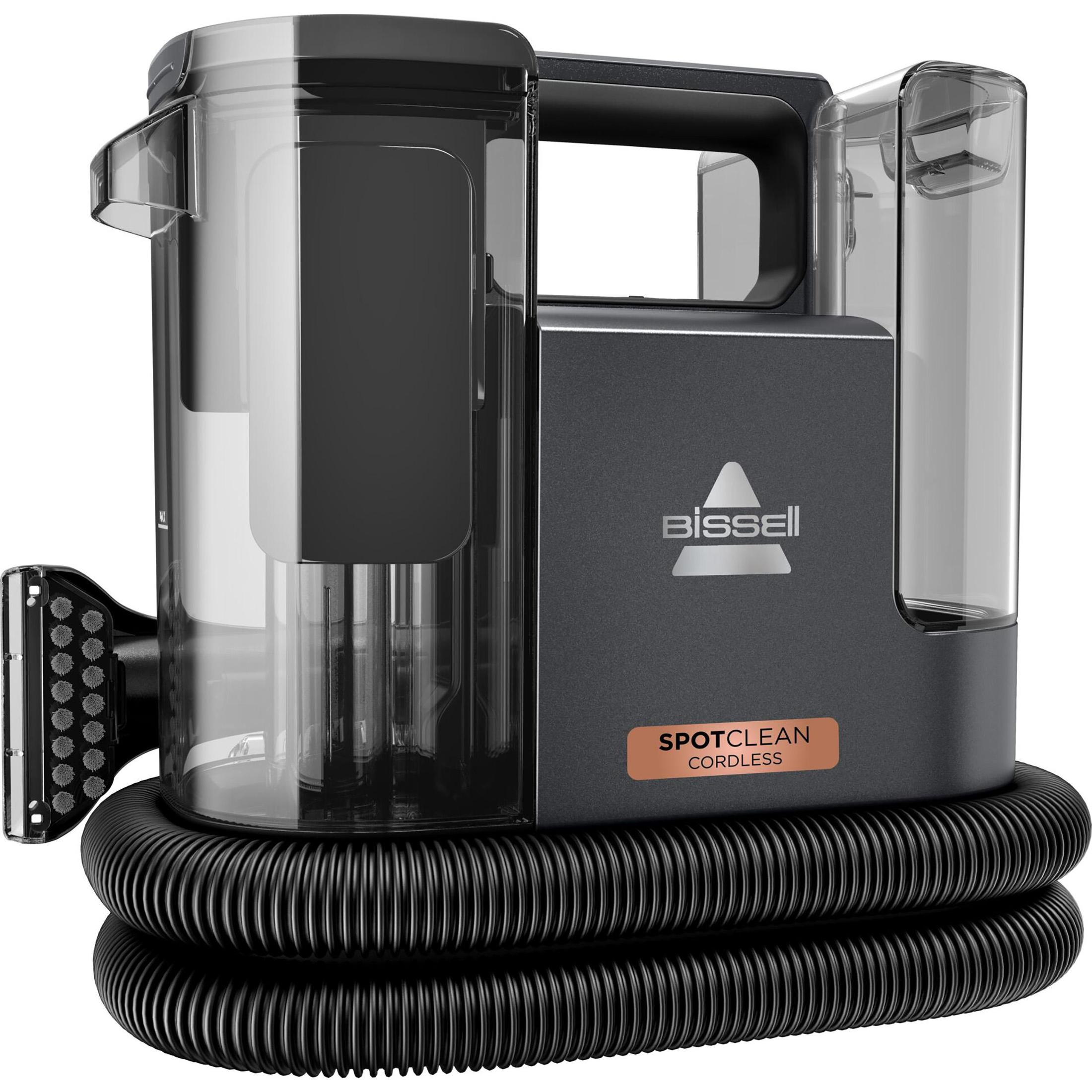 Czarny i szary odkurzacz Bissell SpotClean Cordless. Ma wąż i dwa zbiorniki.