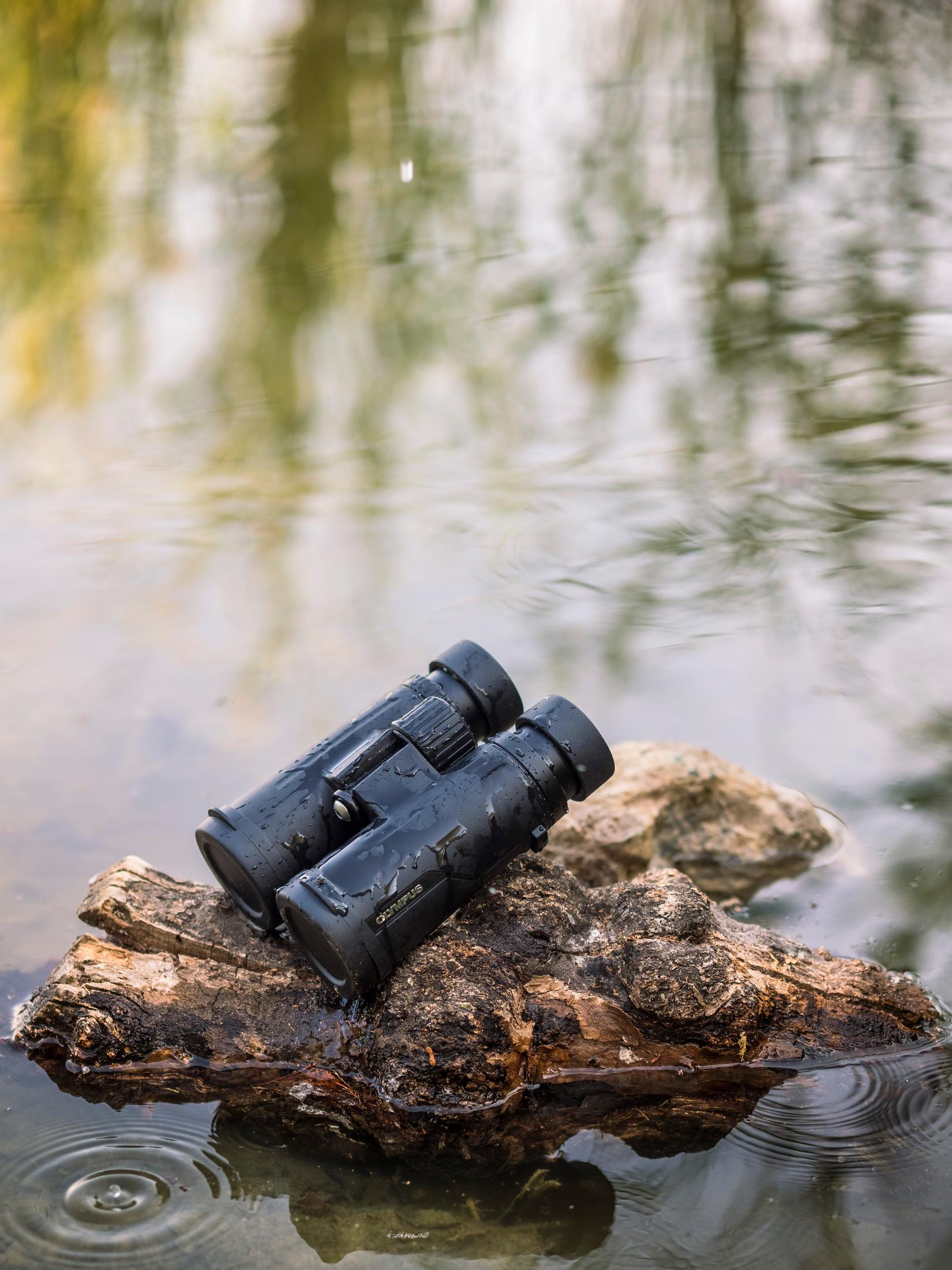 Lornetka spoczywająca na drewnie w wodzie. Tło: odbicia na powierzchni wody.