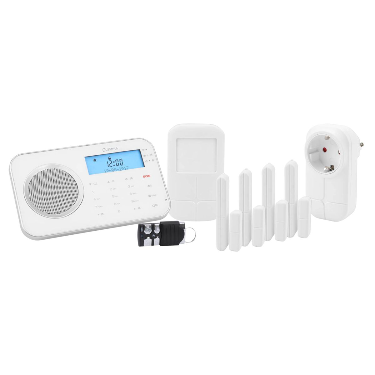 Biały system zabezpieczeń z wyświetlaczem, czujnikami i pilotem na białej powierzchni.