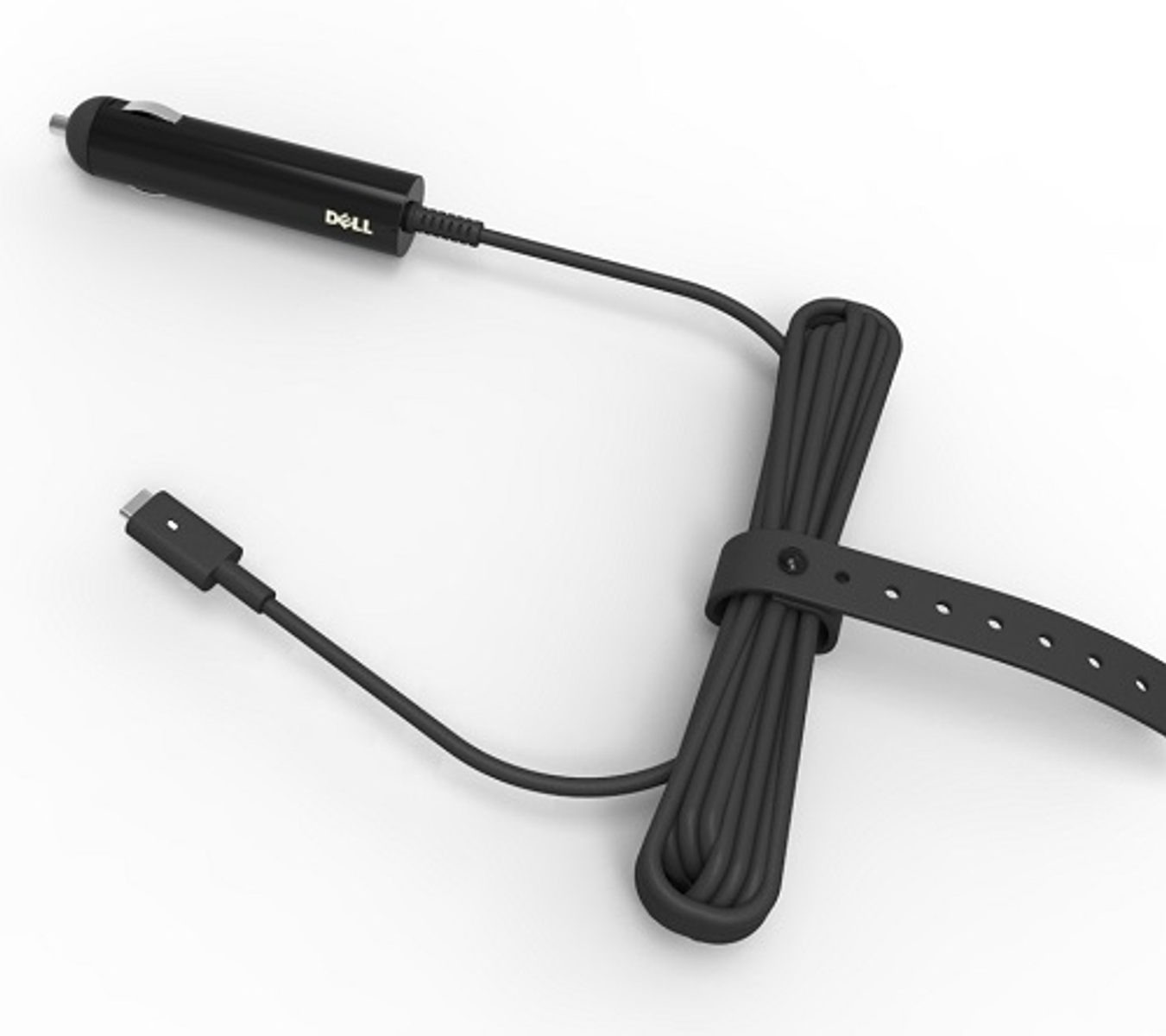 Schwarzes Autoladegerät mit Kabel und USB-Anschluss auf weißem Hintergrund.