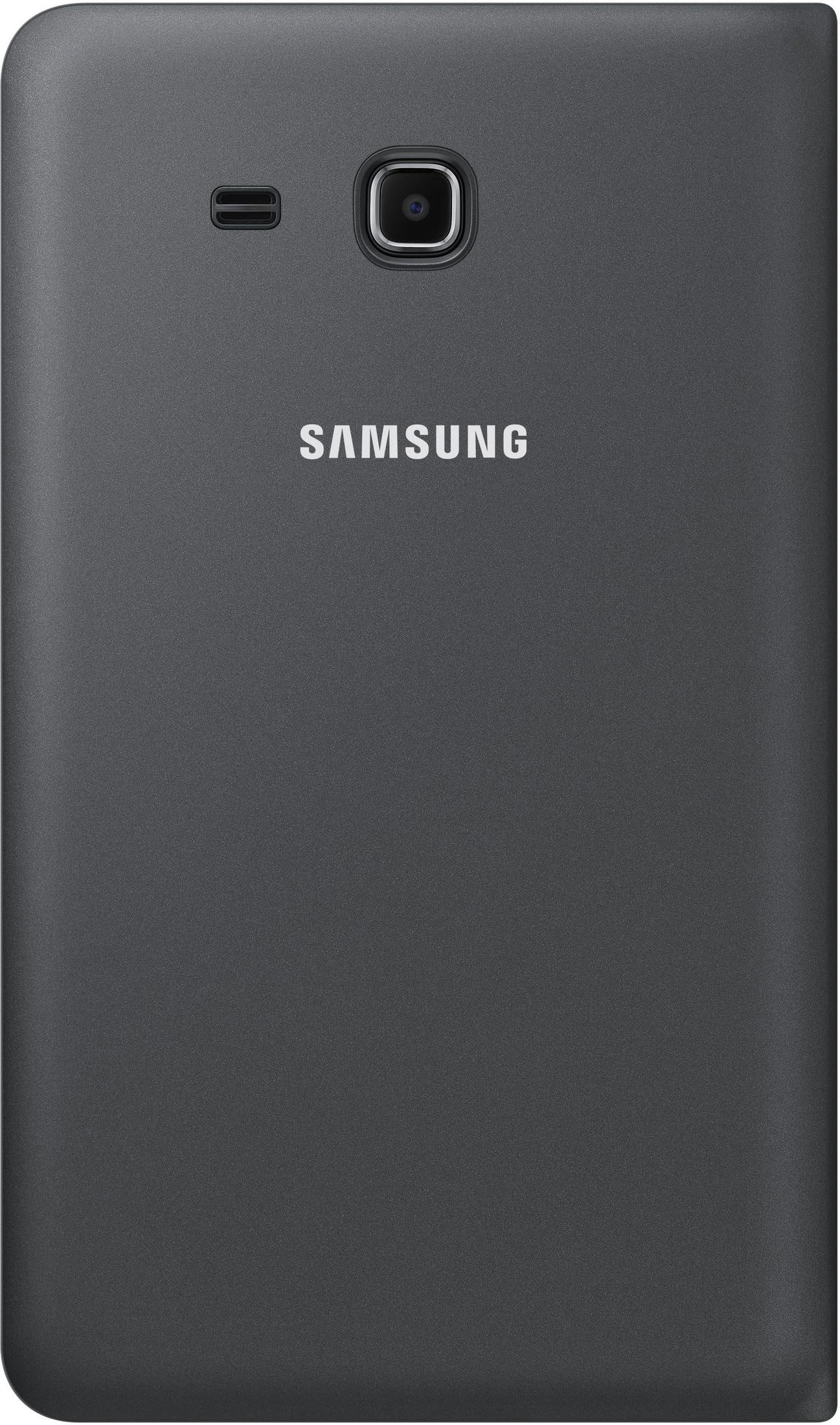 Rückseite eines dunkelgrauen Samsung-Tablets. Es hat eine Kamera, einen Blitz und das Samsung-Logo.