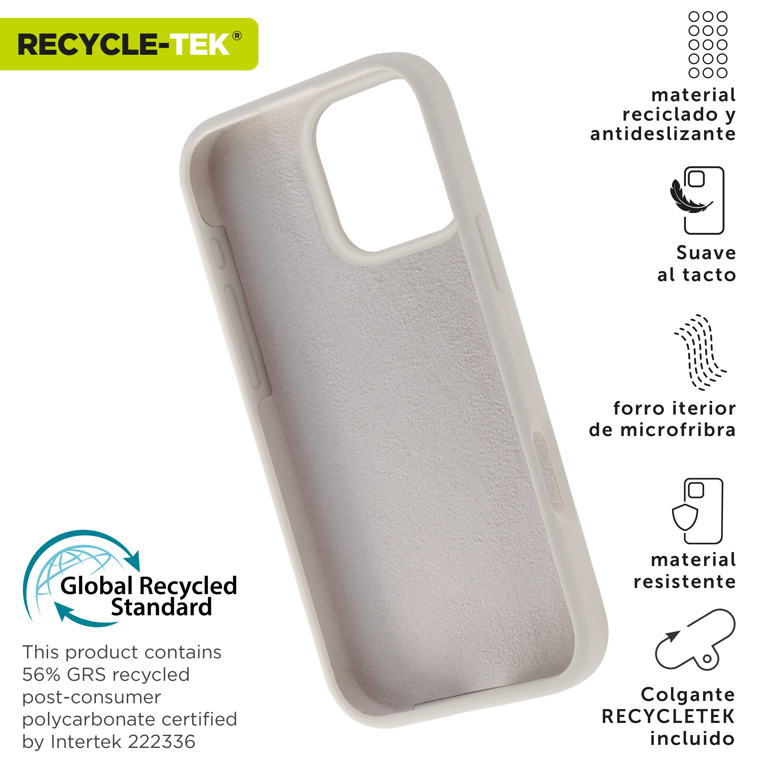 Una funda de teléfono beige claro. Texto e iconos muestran características como material reciclado y tacto suave.