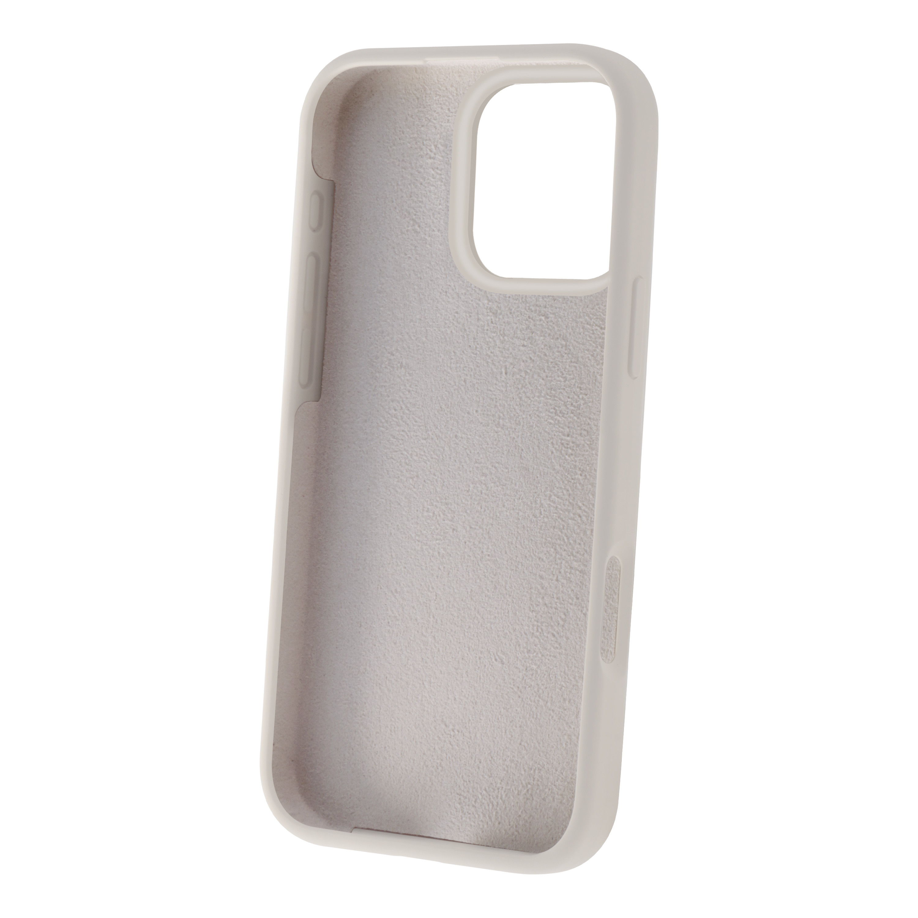 Una funda de teléfono gris claro, con un gran recorte para la cámara. El interior es gris y texturizado.