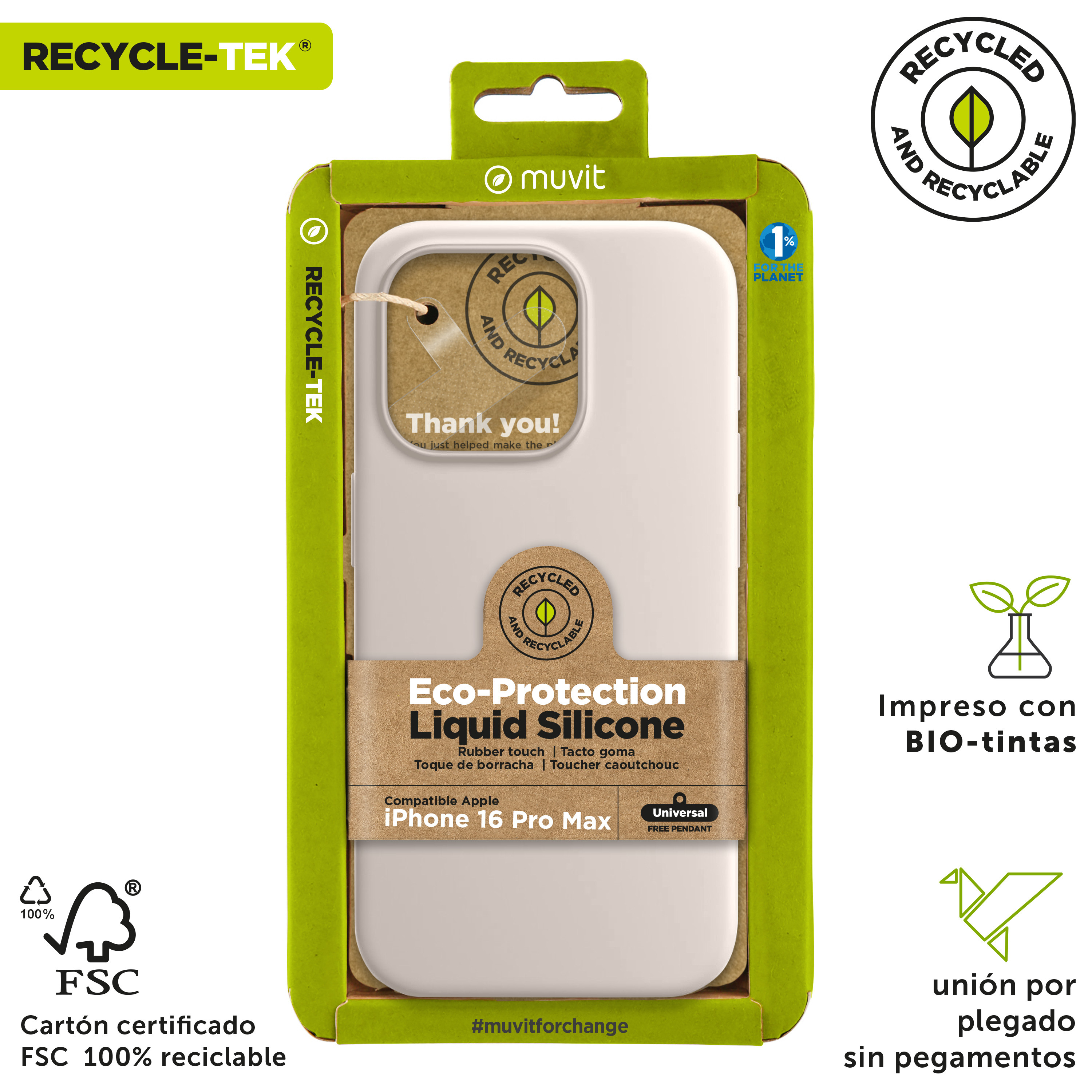 Funda blanca para teléfono, iPhone 16 Pro Max, en caja verde y blanca, con texto.