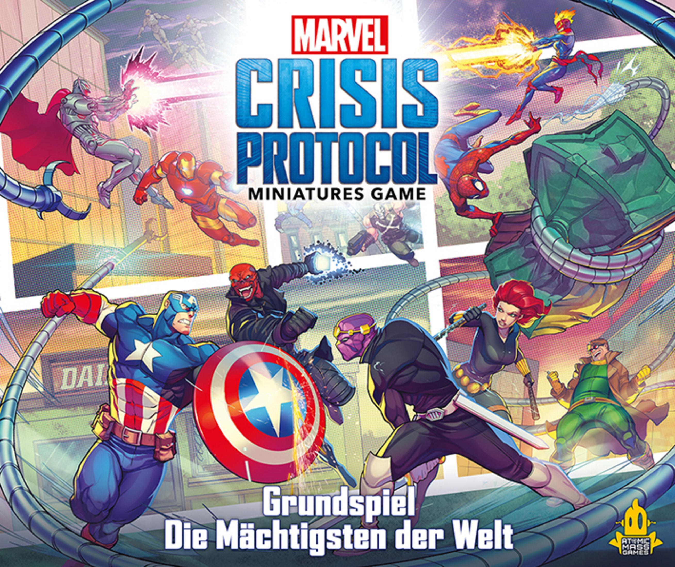 Eine Spielbox mit Comic-Charakteren. Der Titel Marvel Crisis Protocol ist sichtbar.